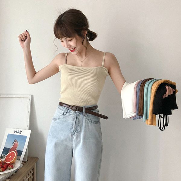 

summer korean version solid color camisole solid off the shoulder slim vest girl square collar sleeveless harajuku girl 8 colors, White
