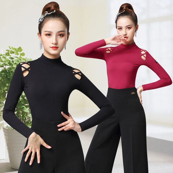 

new ballroom latin dance long sleeves salsa rumba chacha performance practice costume for women, Black;red