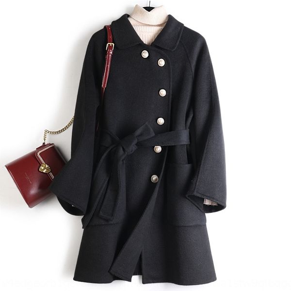 

0finq 2020 new hand-stitched internet celebrities xiao xiang feng double-sided wool woolwool overcoat women's length peter pan collar o, Black