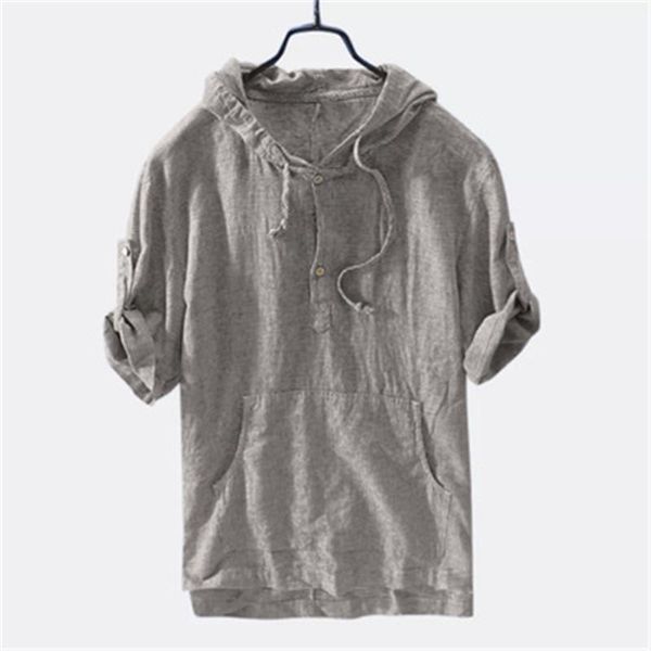 

loose pocket striped hooded short sleeve casual retro shirts thin breathable shirt beach blouse mens cotton hedging shirts, White;black