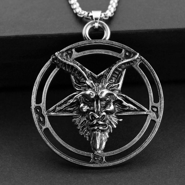 

baphomet inverted pentagram goat head necklace vintage baphomet laveyan lavey satanism occult metal pendant necklaces for men, Silver