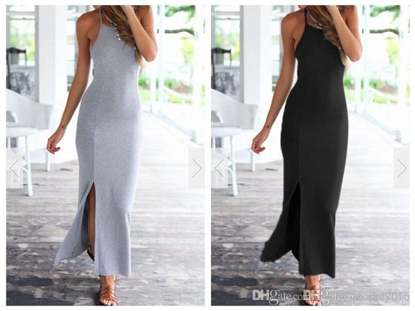

women dress fashion spaghetti strap halter deep v-neck side split sleeveless vest sling lady casual long beach dresses skirt sz s-xl, Black;gray