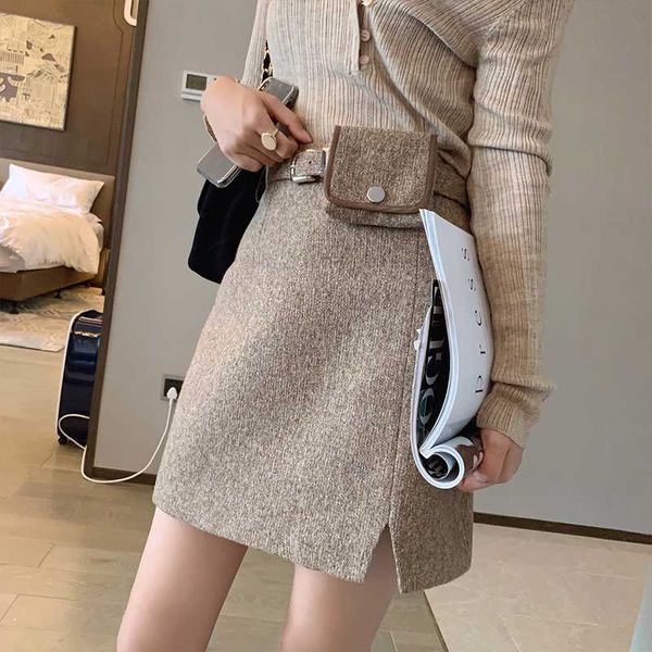 

mishow winter aline woolen mini skirt women high waist blet hem opening causal short skirt mx19d1720, Black