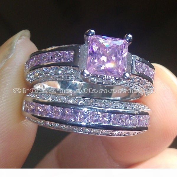 

size 5-10 wholesale fashion jewelry 10kt white gold filled princess cut pink sapphire gemstones women wedding bridal couple ring set gift, Silver