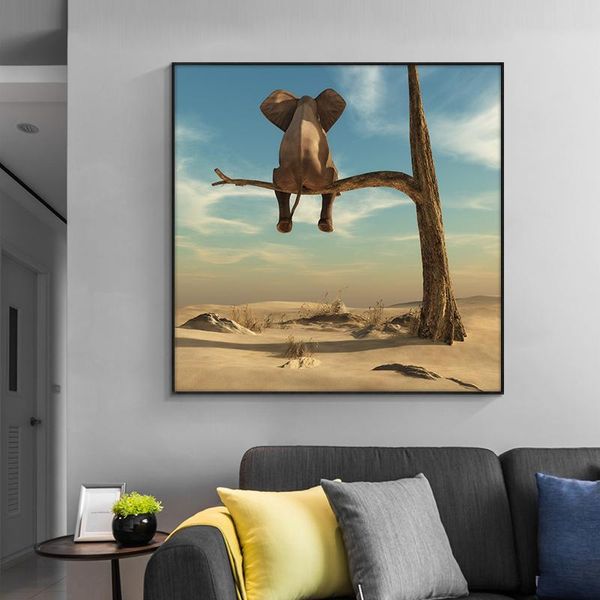

Funny Little Elephant on Tree Modern Animal Pictures Canvas Painting Wall Art Pictures for Living Room Home Decor (No Frame)