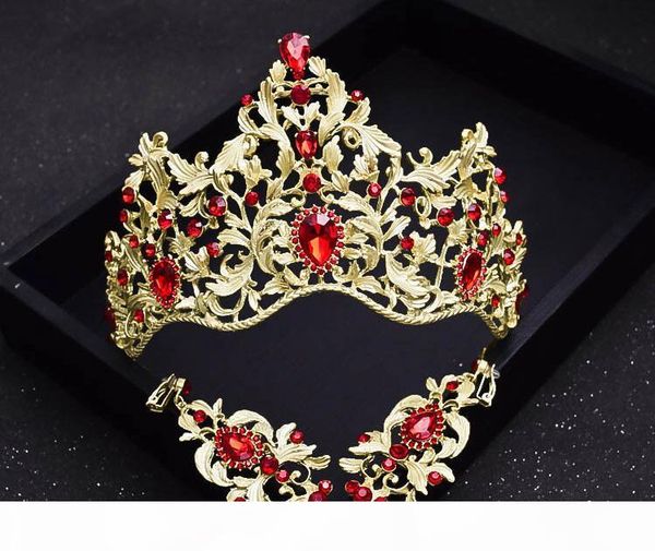 

european oversized red diamond baroque bride crown earrings suit gold wedding headdress hair ornaments, Slivery;golden