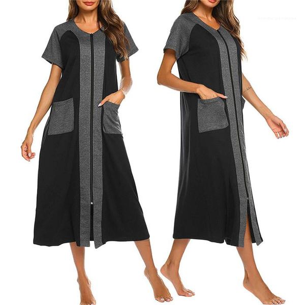 

casual dresses famale pocket clothing women colorblock zipper cardigan dress v neck short sleeve loose summer, Black;gray