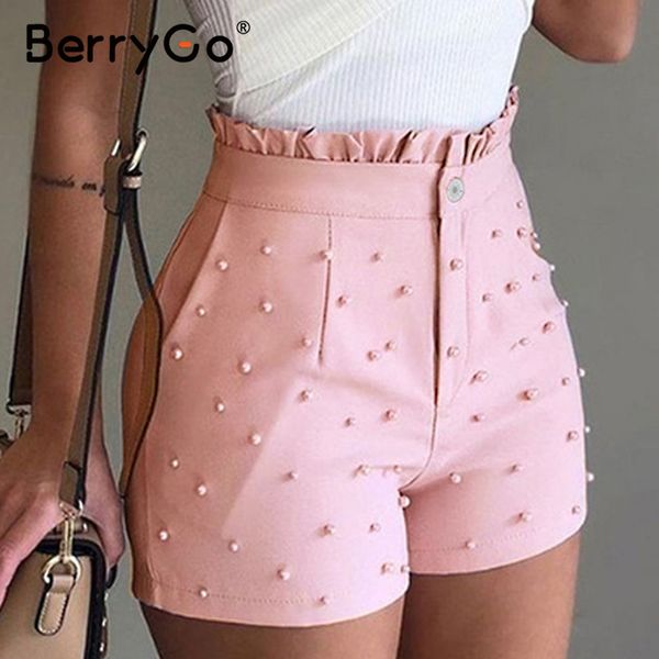 

berrygo fashion pearls women shorts pink button zipper ruffles high waist shorts 2020 spring summer female casual ladies, White;black