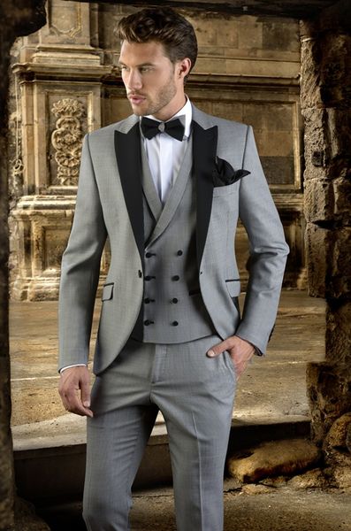 

light grey groom tuxedos black peak lapel groomsmen mens wedding dress excellent man jacket blazer 3 piece suit(jacket+pants+vest+tie) 670, Black;gray