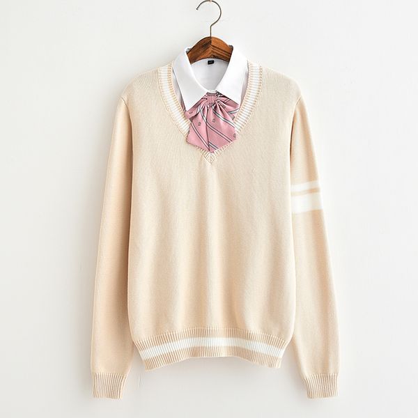

autumn long sleeve striped pullover sweater young girl student japanese loose casual v-neck jk school uniform college style, White;black