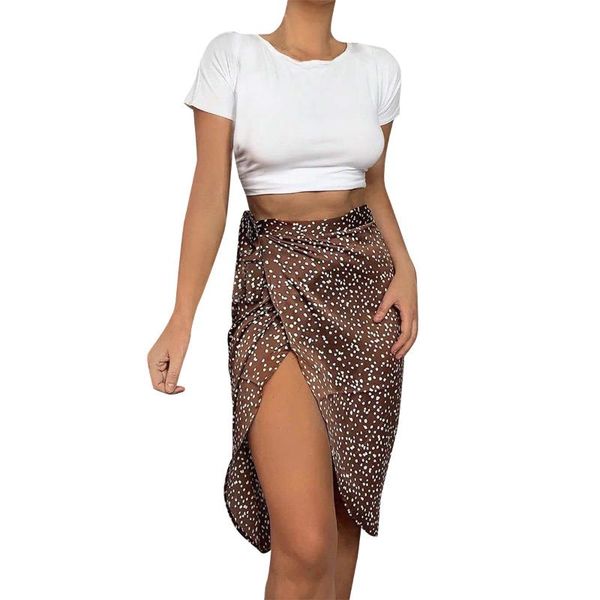 

fashion women summer skirt high waist slit long skirt casual dress polka dot printed split midi brown, Black