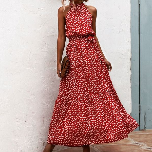 

dress beach women summer elegant 2020 long print flowers polka-dot strap ladies halter boho dress vintage party ladies dress, Black;gray