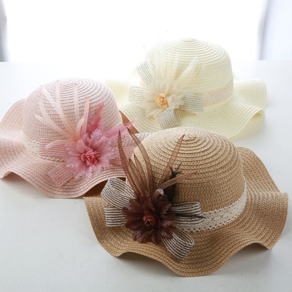 

children's outdoor sunshade sun flower bow korean beach dome cute straw butterfly straw hat hat, Blue;gray