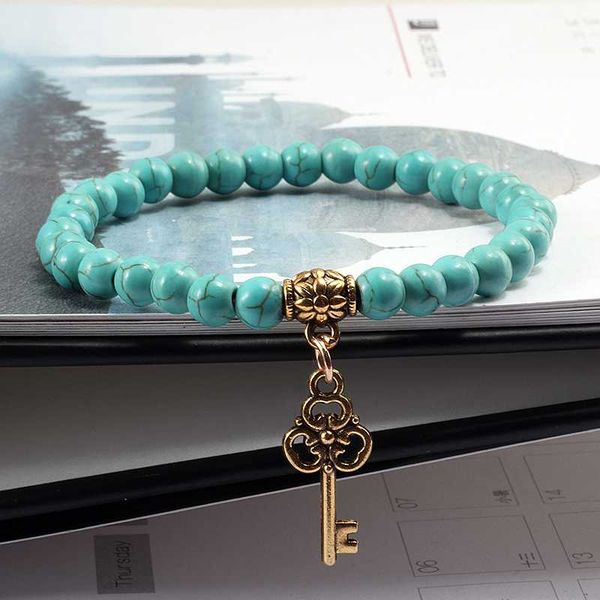 

classic natural stone beads bracelets 6mm turquoises pendant vintage gold key bracelet women fashion jewelry accessories for men, Golden;silver