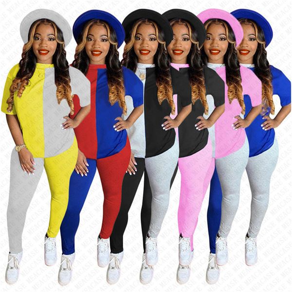 

2020 women tracksuit designer patchwork color short sleeve crew neck tshirts pants two piece set outfits trendy home sportswear d72303, White