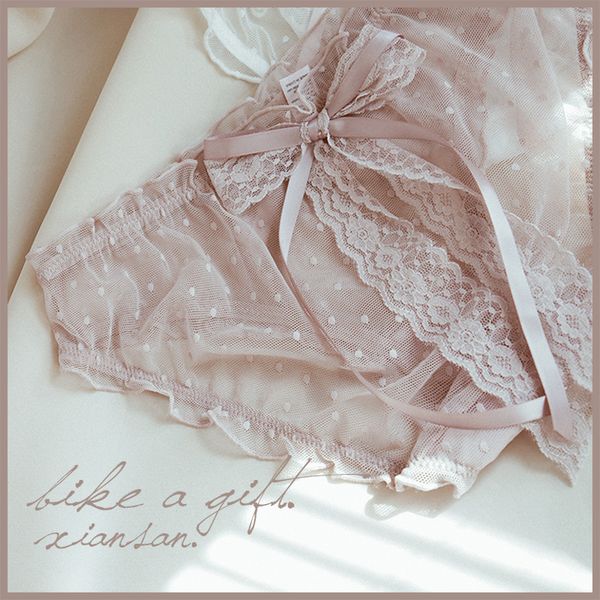 

sp&city japan sweet big bow lace underwear women ruffles hollow out dots panties transparent briefs female lingerie, Black;pink