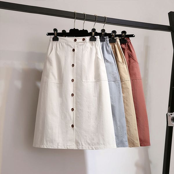 

single button korean summer womens skirts 2020 high waist casual midi skirts women cotton blue womens skirts female beige skirt, Black