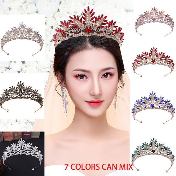 

ladies 7 colors crystal crown bridal flashing rhinestone crown leaf feather headband tiara birthday party headdress bridal jewelry for women, White;golden