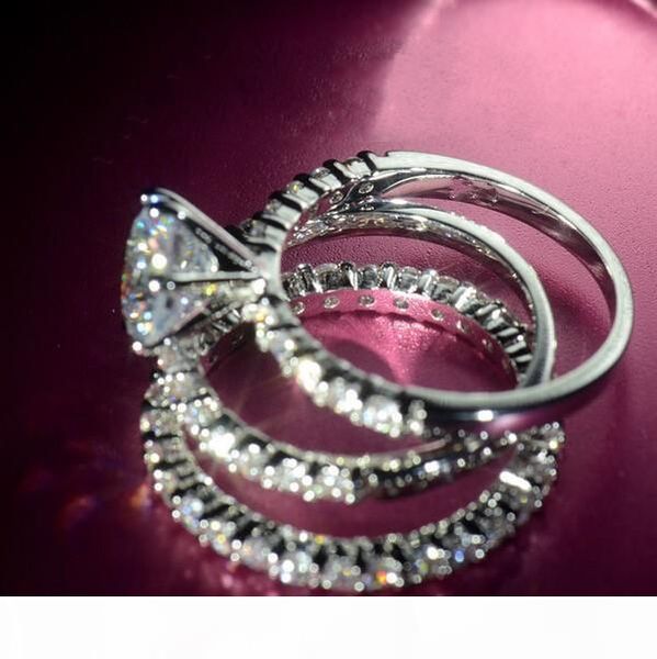 

2018 wholesale women clear zircon 10kt white gold filled 3-in-1 wedding simulated diamond women band ring set size 5-11, Silver