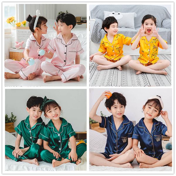 

children summer pajamas suit kids silk ice feeling suit boys girls household clothes children's pajamas set, Blue;red