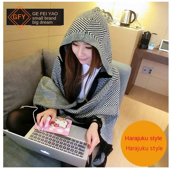 

women's new cashmere scarf korean all-match hoodie scarf coat shawl thickened coat women's shawl, Blue;gray