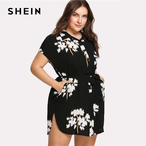 

shein dolphin hem belted shirt dress batwing short sleeve collar neck floral dress women plus size black print straight, Black;gray