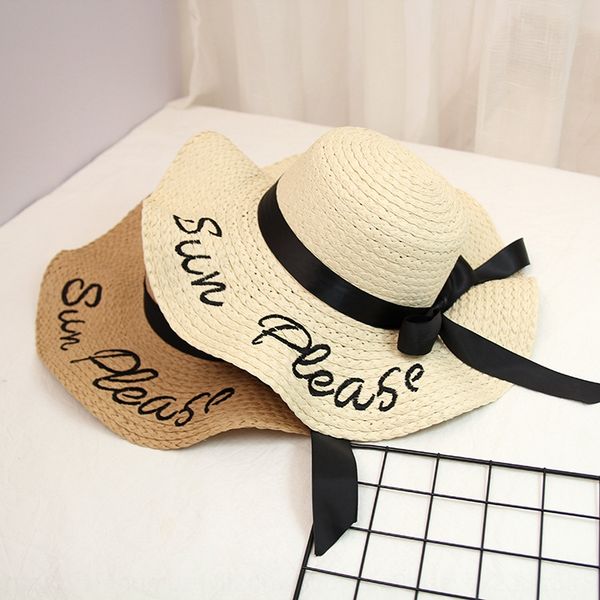 

ltc23 korean summer embroidery letter ins wind women's literary and artistic all-match sun seaside travel waves along straw hat embroid, Blue;gray