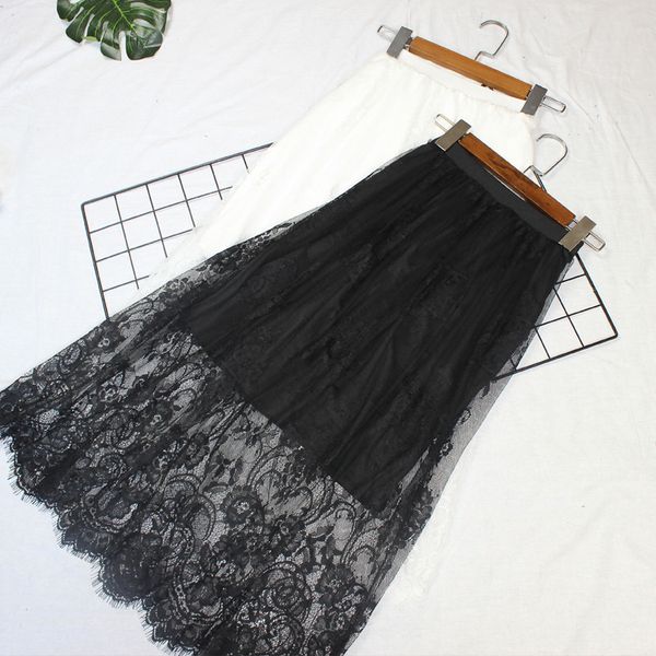 

women summer lace mesh long midi skirt casual vintage high waist hollow out slim all match lining summer black white skirt
