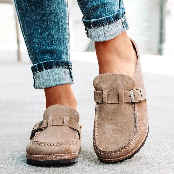 

sandals women slip on 2021 summer retro casual comfy leather buckle suede ladies flat shoes soft female slipper open, Black