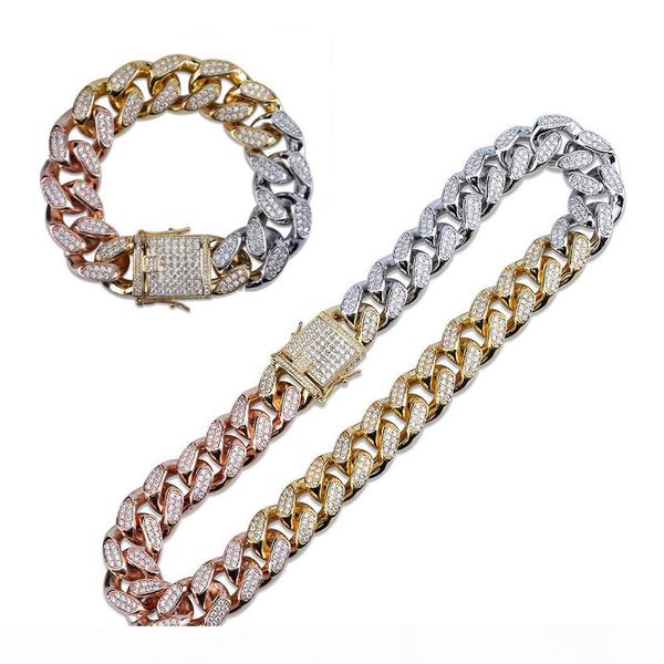 

18mm finish men's heavy iced zircon tricolor cuban link necklace set choker bling hip hop jewelry gold silver rose gold chain