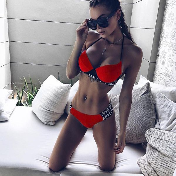 

2019 push up bikini set underwire love letter swimsuit for women solid bandeau female bathing suit leopard summer biquini