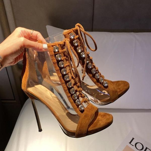 

women's shoes european and american summer fish mouth high heels lace up high tube transparent crystal thin heel nightclub, Black