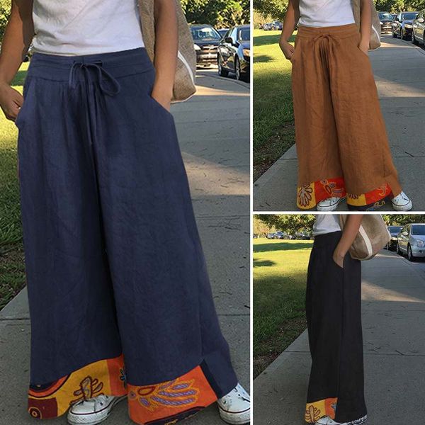 

long pants celmia women 2020 autumn elastic high waist wide leg pantalon femme vinatge casual loose linen trousers oversized 7, Black;white