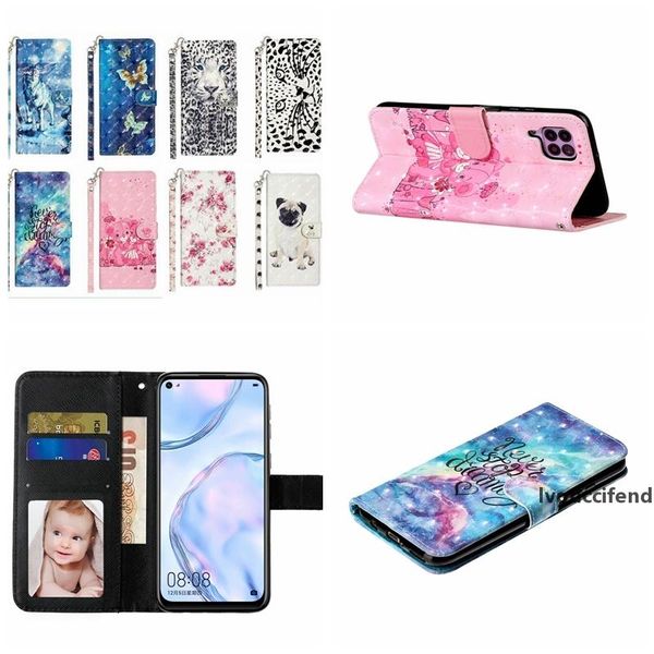 

3d leather wallet case for huawei p40 lite e pro y5p y6p y8p p smart 2020 wolf cat leopard marble flower butterfly flip cover slot id stand