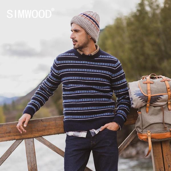 

simwood 2020 autumn winter new sweater men striped mix wool contrast color knitted pullover sweaters 190412, White;black