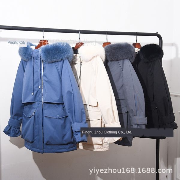 

qlgr6 2020 зима новый корейский стиль сыпучих женщин вниз куртка брюки вниз куртка средней длины поясной замкнутый большой меховой воротник, Black