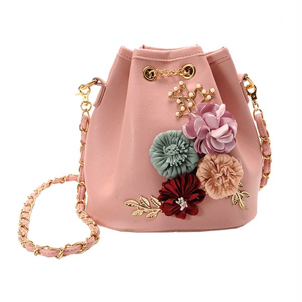 

2020 new flowers bucket bags women drawstring messenger bag pu leather ladies chain clutches flower women crossbody bag fashion