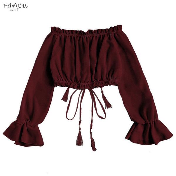 

women summer off shoulder long sleeve pullover casual blouse clothes polyester shirt with bow belt loose casual womens, White