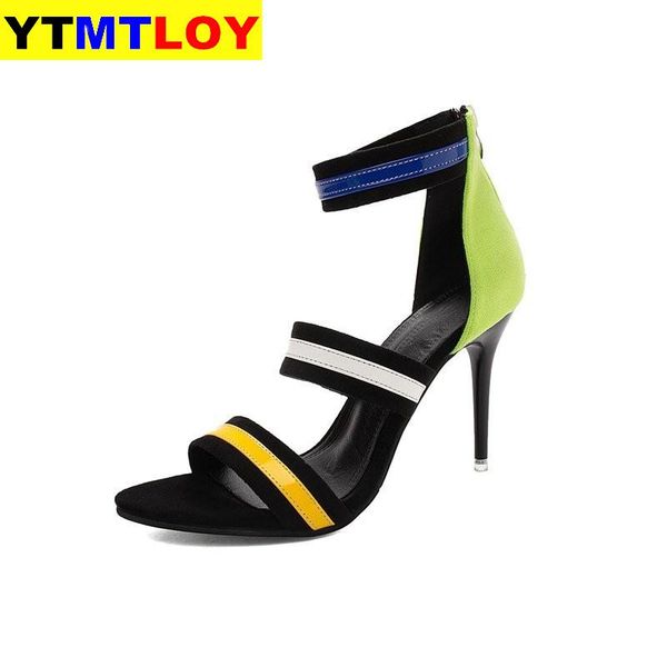 

colorblock sandals 2020 spring style elastic band pointed high heel sandals roman shoes women's shoes size 34-41, Black