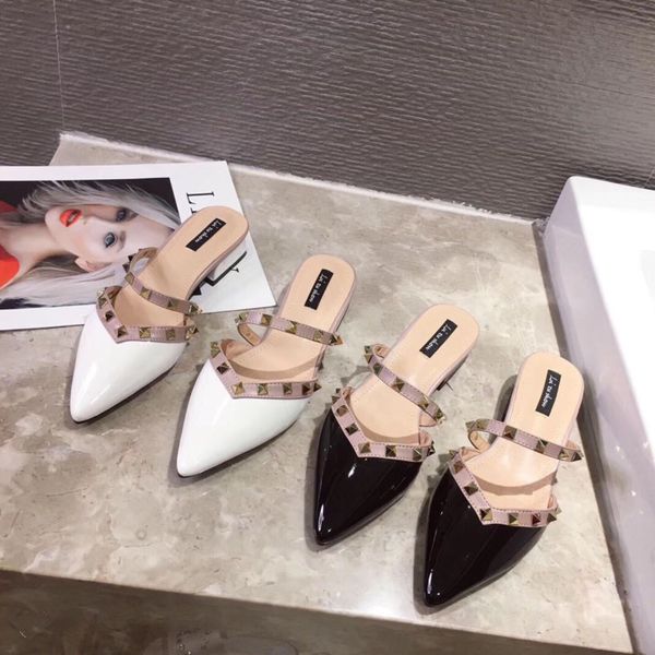 

deat 2020 new spring summer fashion casual baotou pointed toe low heel stitching thin belt shallow slippers shoes women se777, Black