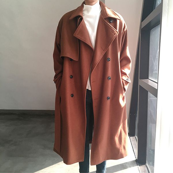 

men's wool & blends casual double breasted coat 2021 korean fashion jacket men long thick warm overcoat woolen caots manteau homme, Black