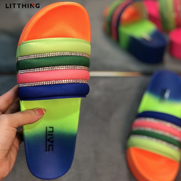 

litthing лето женский трусы радуга открытый non-slip rhinestone женские тапочки флип-флоп толстым дном пляжа ladies sildes, Black
