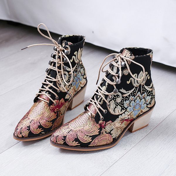 

adisputent retro women embroider ethnic ankle boot lace up pointed toe flat heel shoes warm cowboy botas mujer dropship cs03, Black