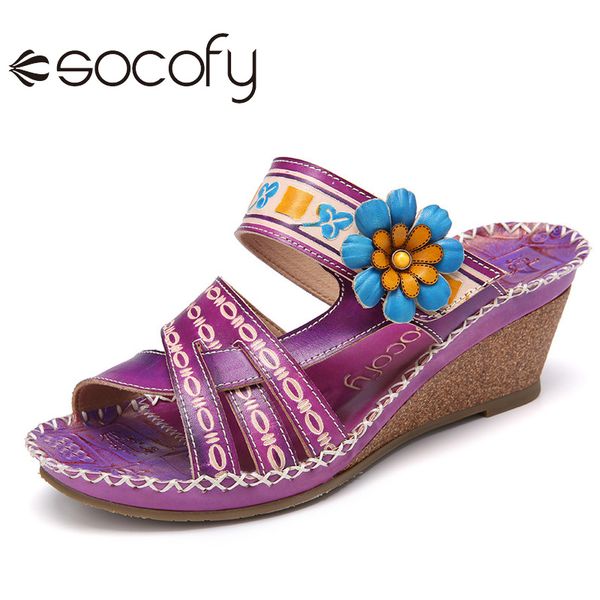 

socofy womens handmade leather sandals floral hook loop wedge slides slip on wedge heel sandals female casual beach shoes 2020, Black