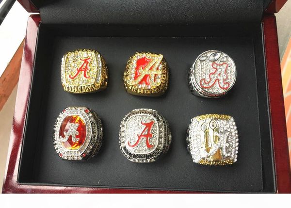 

j 6pcs alabama crimson tide sec national championship ring set with wooden display box case fan gift 2019 wholesale drop shipping, Golden;silver