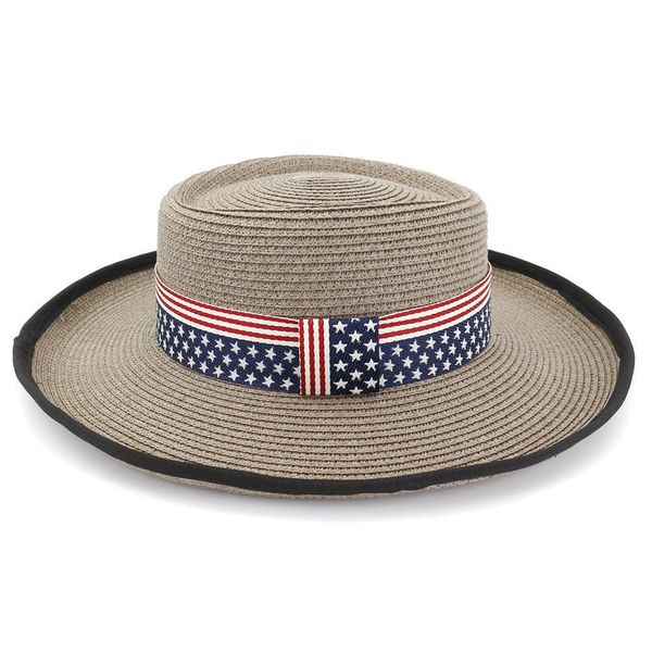 

leisure outdoor light woman ladies flat straw hats with us flag ribbon decoration summer wide brim beach sun cap boater hat, Blue;gray