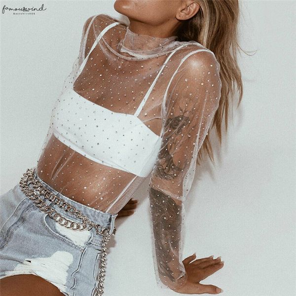 

women ladies see through mesh sheer blouse long sleeve mesh night club wear transparent shirt blouses tee, White