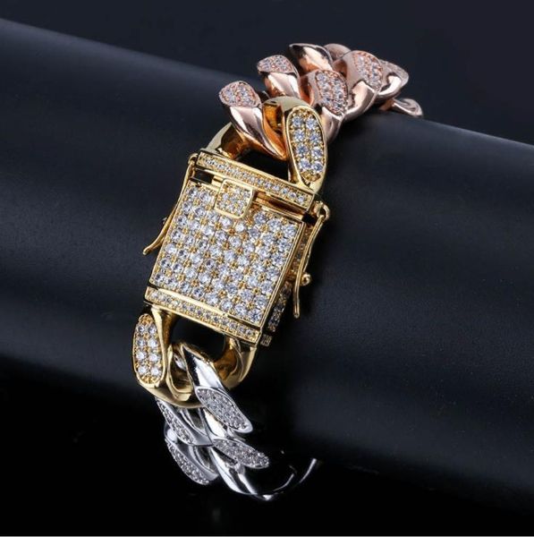 

cross-boundary style zircon jewelry cuban-link bracelet men's 14-18mm tri-color rainbow gold bracelet, Slivery;golden