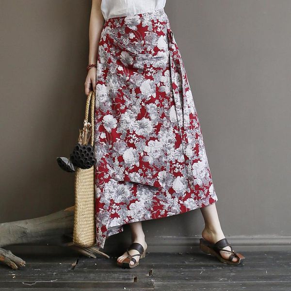 

johnature vintage skirts floral straight mid-calf length empire waist women clothes 2020 new summer casual loose women skirt, Black