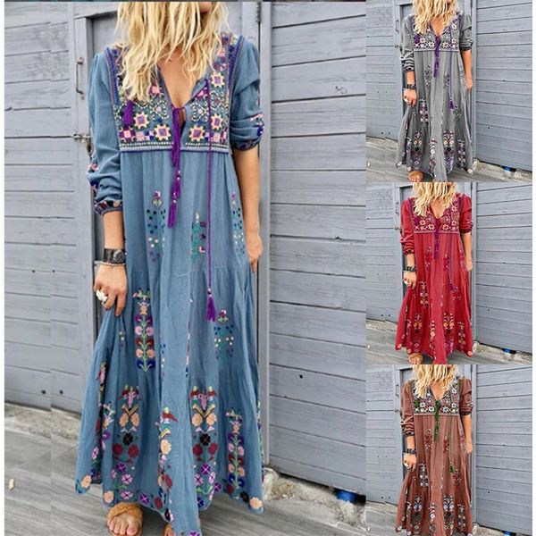 

bohemian positioning printed flower skirt skirt skirtstitching long dress fashionable drawstring lace-up long sleeve dress, Black;gray